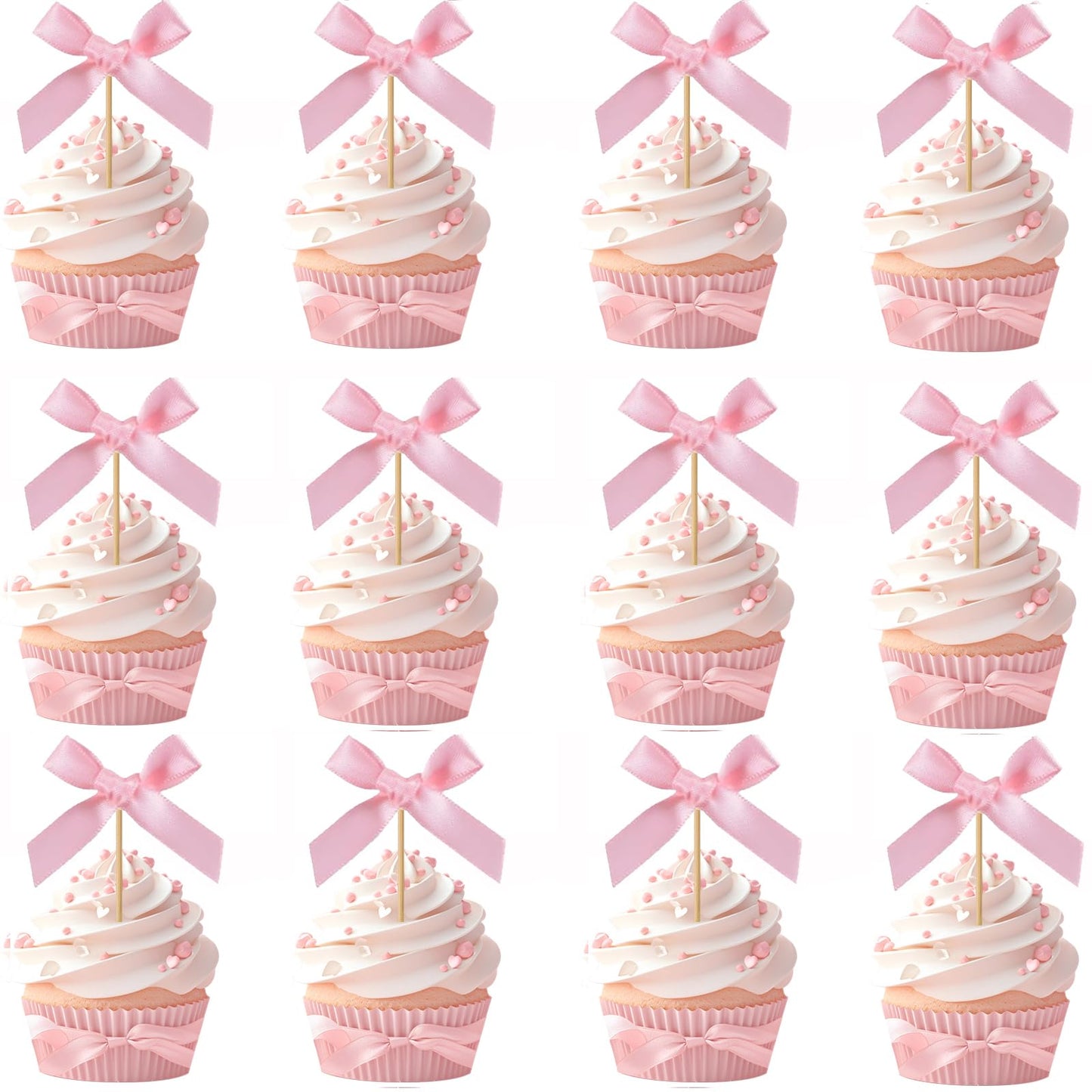 24pcs Bow Cupcake Toppers - Girls Pink Bow Cake Picks Party