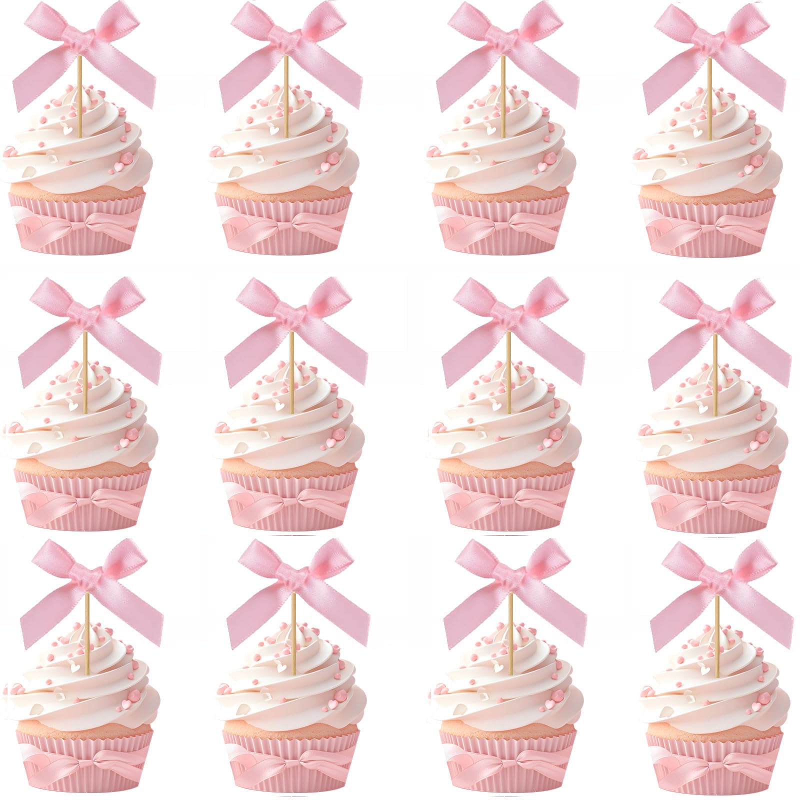 24pcs Bow Cupcake Toppers - Girls Pink Bow Cake Picks Party