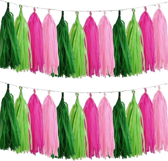 Pink and Green Tissue Paper Tassels Party Tassel Garland Banner for