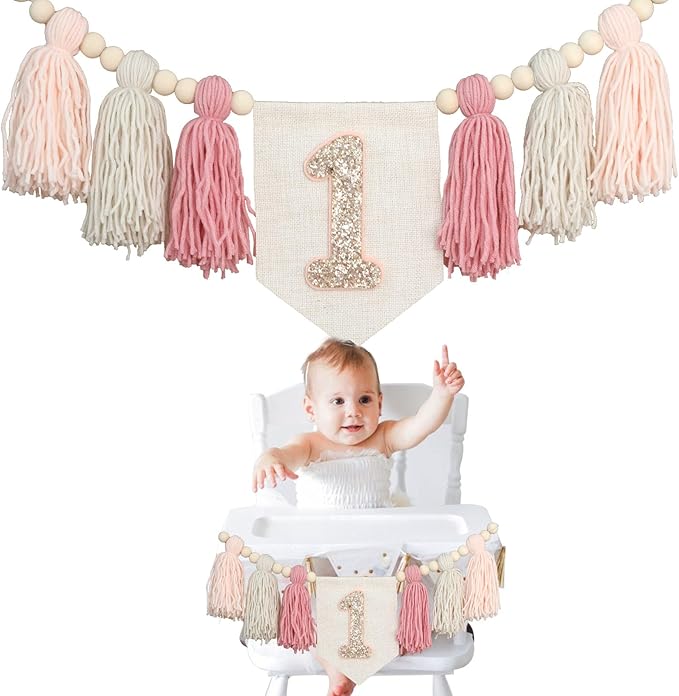 Handmade Boho Pink 1st Birthday High Chair Banner First Highchair