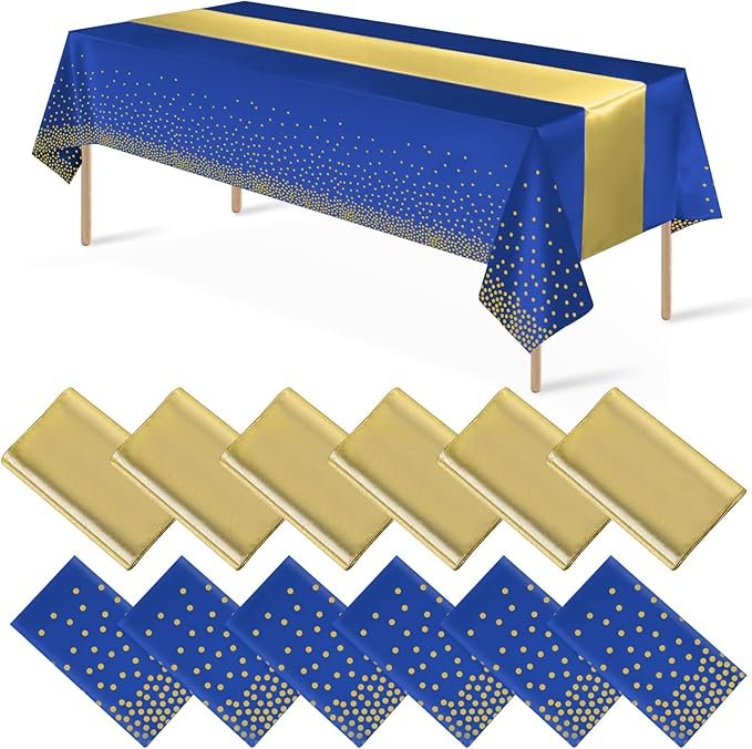 12Pack Disposable Plastic Tablecloths and Satin Table Runner Set Blue