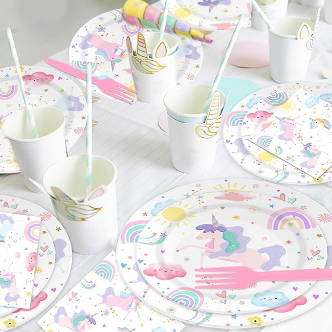 96 Piece Unicorn Party Supplies Set Magical Pastel Rainbow Tableware
