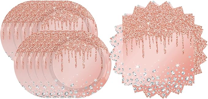 Pink Rose Gold Birthday Decorations Dessert Plates and Napkins for