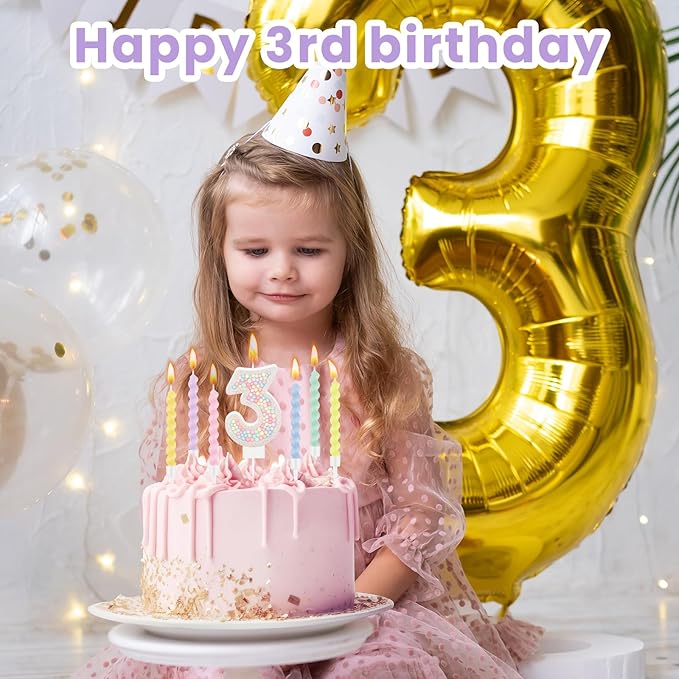 MTLEE Number 3 Birthday Candle with 12 Pcs Spiral Candles for Girls Ma