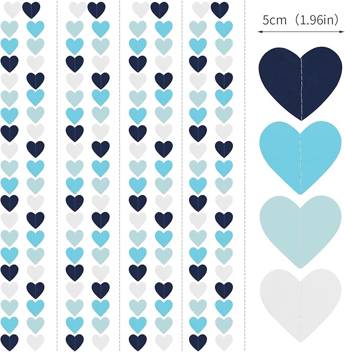 Light-Navy Blue White Party-Decorations Heart-Garland - 52ft Bridal