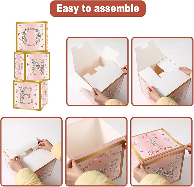 DataMoon 1st Birthday Decorations Boxes for Baby Girl - 3PCS Pink
