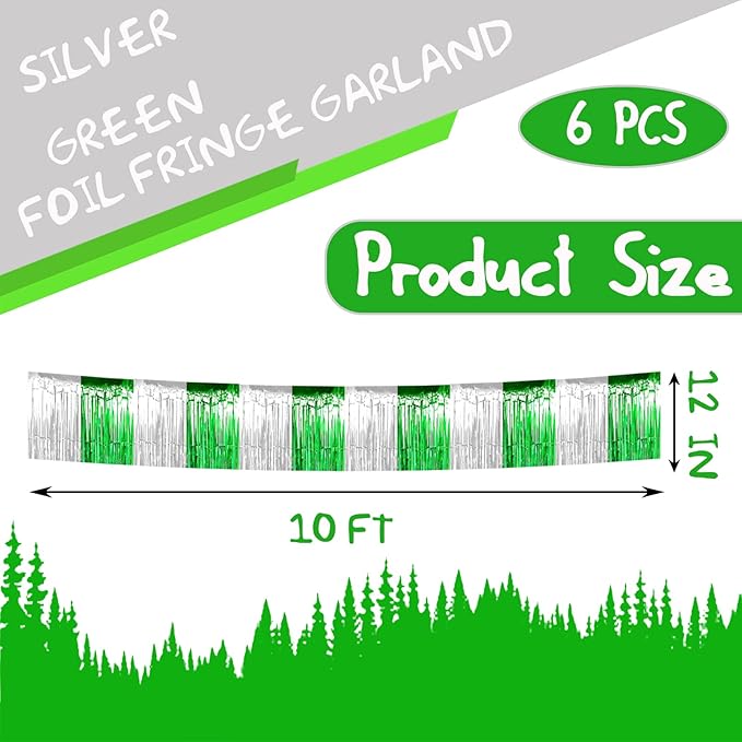 6 Pack 10 Feet Silver Green Foil Fringe Garland Metallic Tinsel