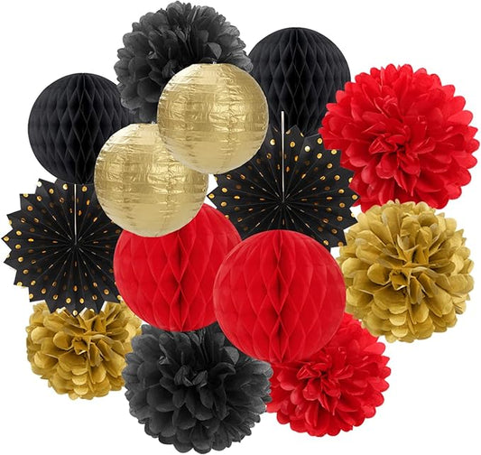 Red Black Gold Party Decorations Streamers Lanterns 14pcs Casino