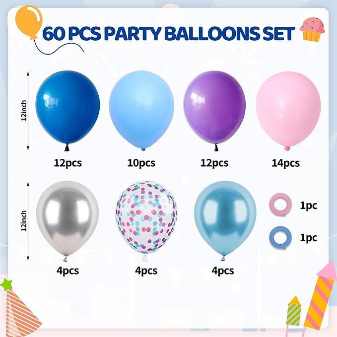 Pink and Blue Balloons, 60PCS Dark Light Blue Purple Party Balloons,