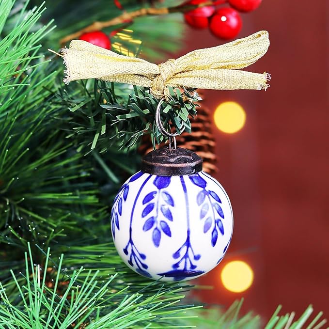 IndianShelf 24 Large Blue and White Ceramic Christmas Ornaments
