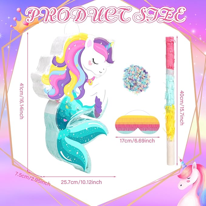 Small Unicorn Piñata with Piñata Stick Blindfold and Confetti