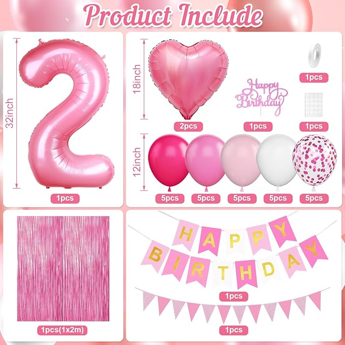 2nd Birthday Decorations for Girls Hot Pink Balloons with Happy