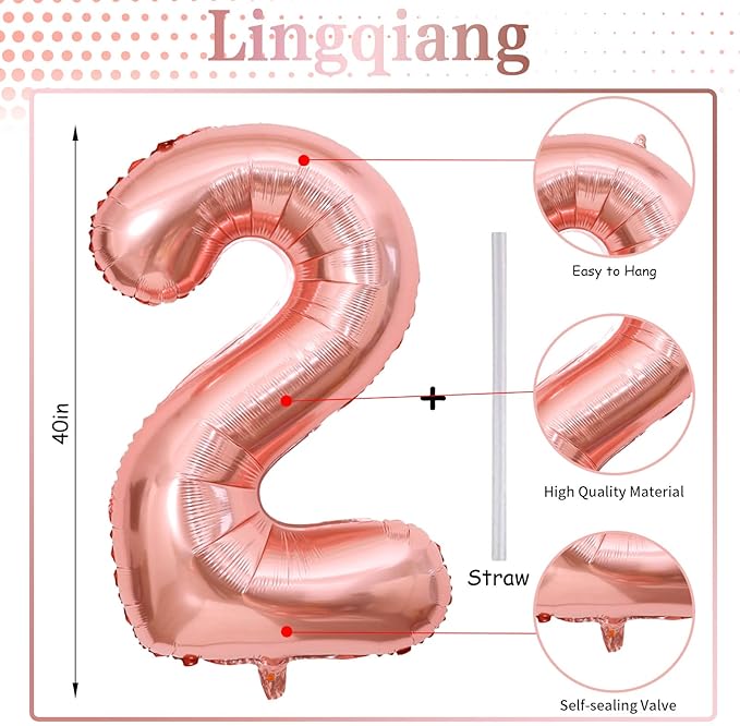 40 Inch Rose Gold Foil Balloon Number 2, Large Self Inflating Number