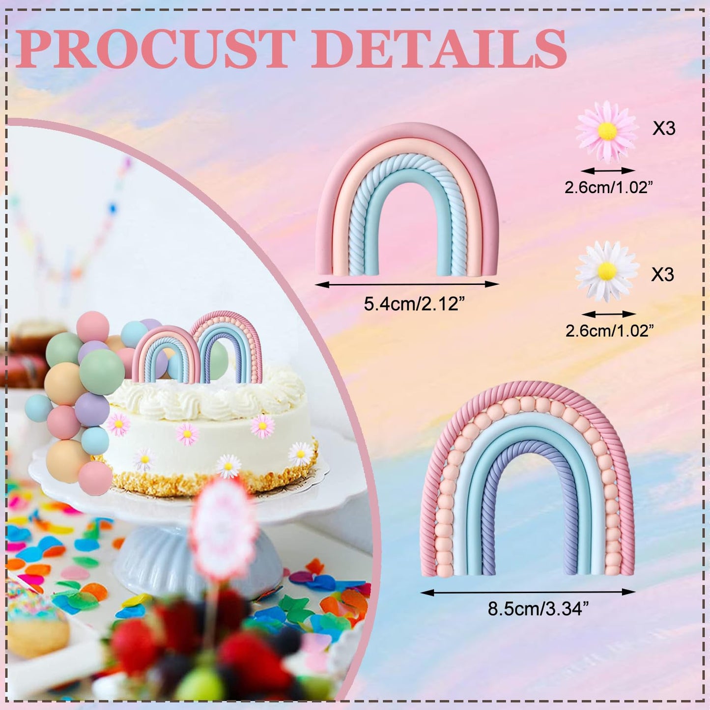64 PCS Rainbow Cake Toppers with Balls Flowers Boho Cake Topper for
