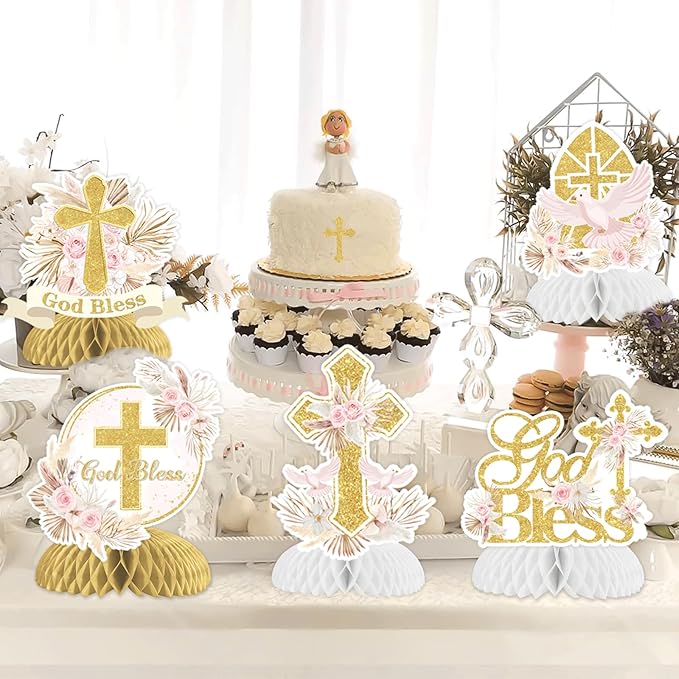 8 Pieces Baptism Honeycomb Centerpieces for Girls Pampas Grass