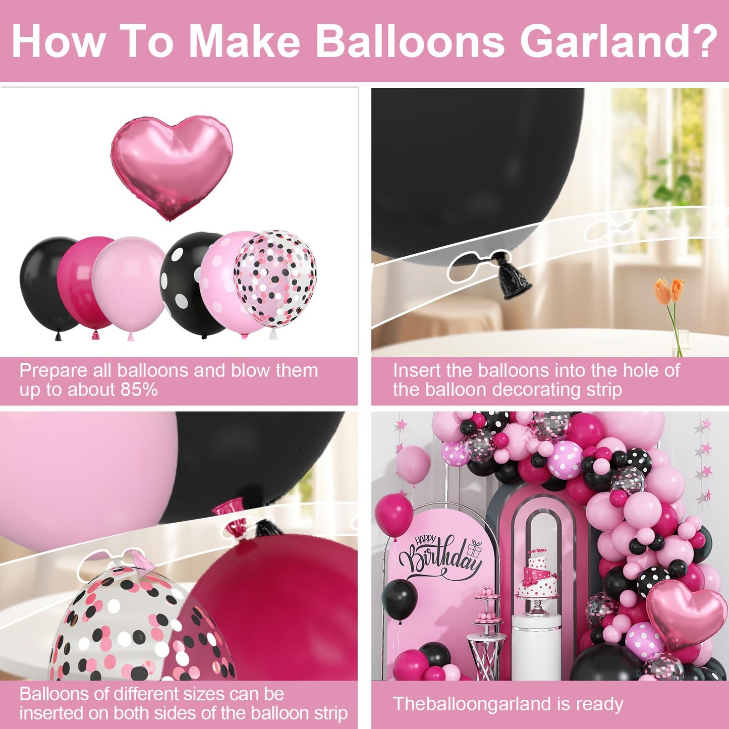 Pink Black Balloon Arch Kit, Pastel Hot Pink Black Dot Balloons