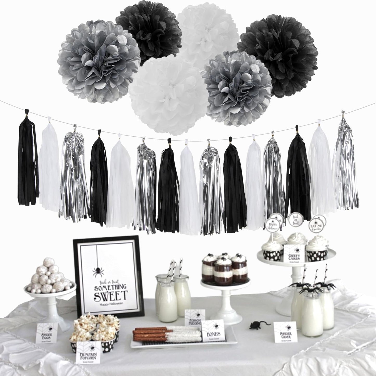 Black White Silver Party-Decorations Streamers - 23pcs Tissue Pom