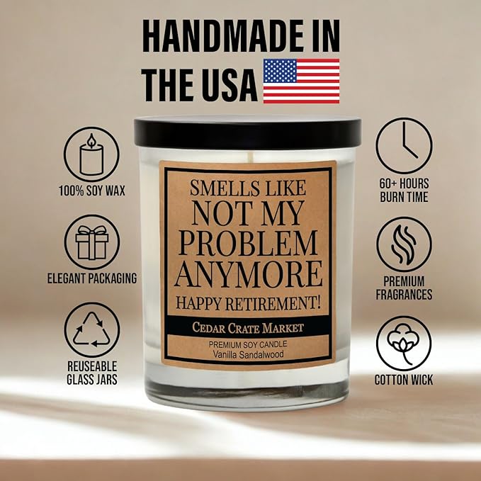 Retirement Gift for Woman & Men Vanilla Sandalwood Candle USA Made