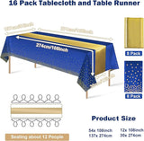16Pack Disposable Plastic Tablecloths and Satin Table Runner Set Blue
