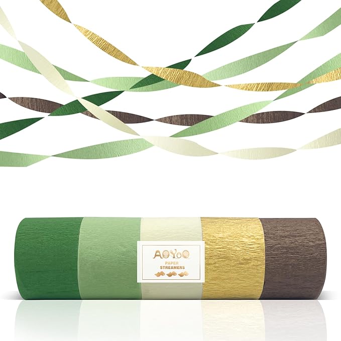 AOYOO 5 Rolls Crepe Paper Streamers - Sage Olive Green, Gold & Ivory