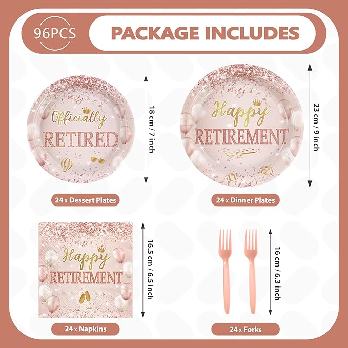98Pcs Rose Gold Retirement Decorations Pink Happy Retirement Plates