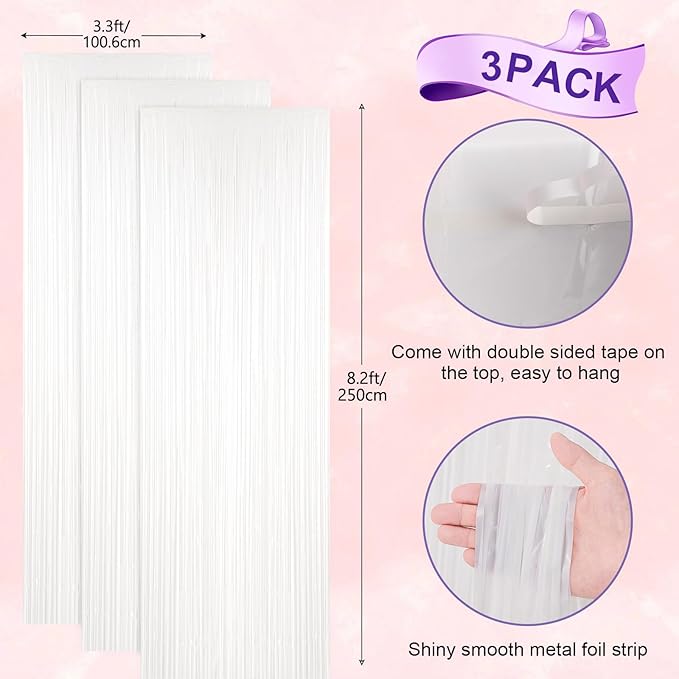 Voircoloria 3 Pack 3.3x8.2 Feet White Foil Fringe Backdrop Curtains,