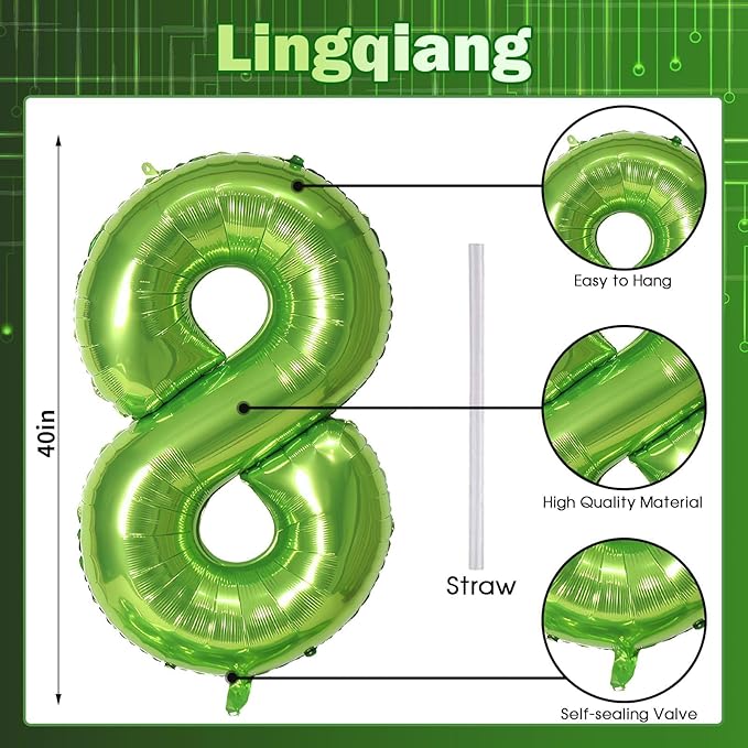 40 Inch Green Foil Balloon Number 8, Giant Self Inflating Number