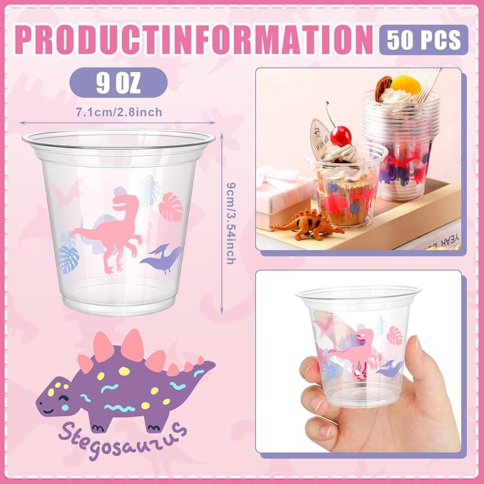 50 Pcs 9oz Dinosaur Cup Dinosaur Ice Cream Cups Plastic Disposable