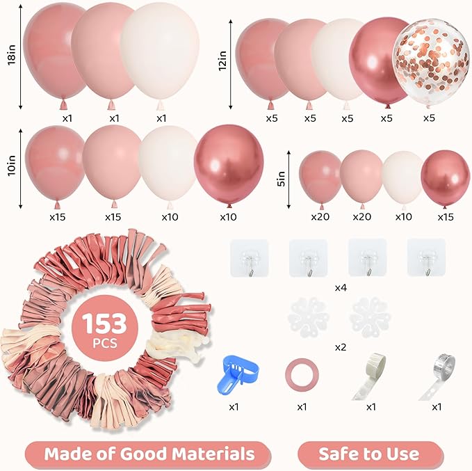 Amandir 153pcs Dusty Pink Balloon Garland Arch Kit, Different Sizes