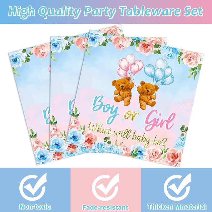 96 Pieces Bear Gender Reveal Theme Tableware Set for Gender Reveal