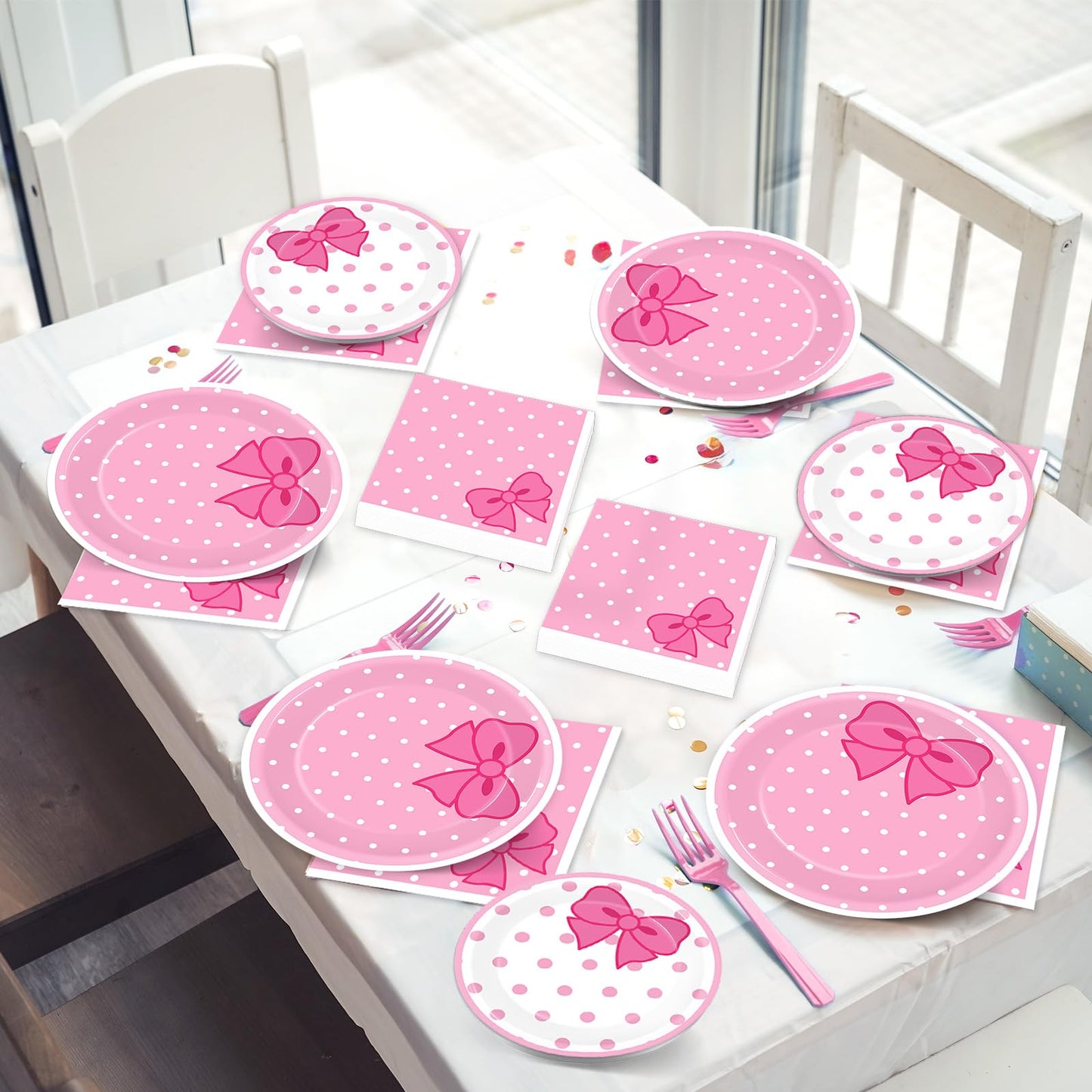 96Pcs Pink Cat Paper Plates and Napkins Cute Cats Bow Theme Birthday