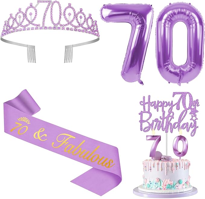70th Birthday Decorations for Women Purple with 70th Birthday Sash