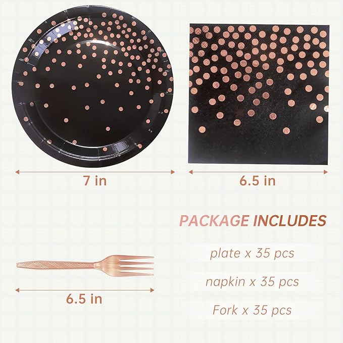 Serve 35 Guests Black and Rose Gold Party Supplies,7 Inch Black and