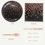 Serve 35 Guests Black and Rose Gold Party Supplies,7 Inch Black and