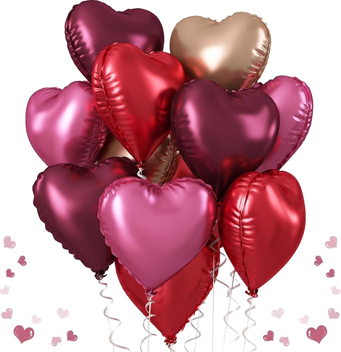 Wine Red Heart Balloons, 18 Inch 12 Pcs Burgundy Red and Pink Foil