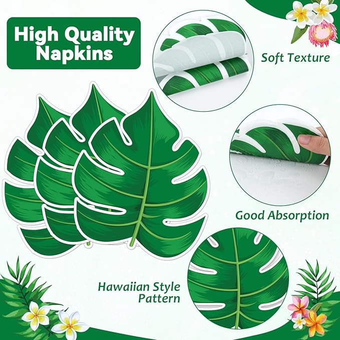 50PCS Hawaiian Luau Party Oval Paper Plates Green Leaf Shape Napkins
