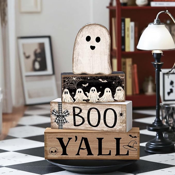 4 Pcs Halloween Table Decoration Wooden Ghost Tiered Tray Decoration