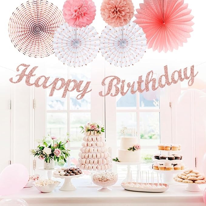 Pink White Rose Gold Birthday Party Decorations 21pcs Happy Banner