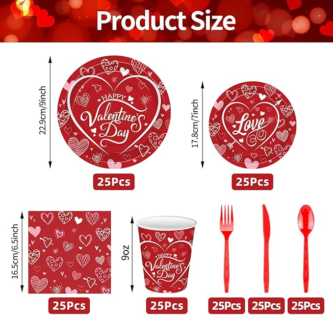 175 Pcs Valentine's Day Tableware Set Serves 25 Heart and Love