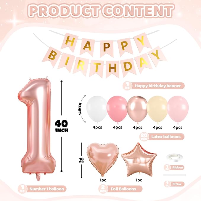 1st Birthday Decorations for Girls, 40 Inch Rose Gold Number 1