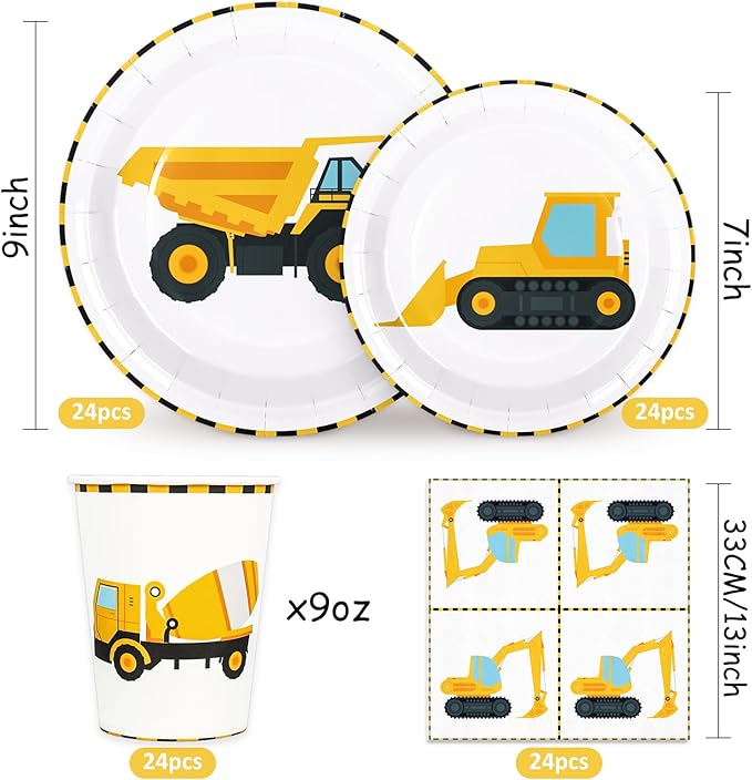 96Pcs Construction Party Tableware Dump Truck Paper Plate Napkin Cup