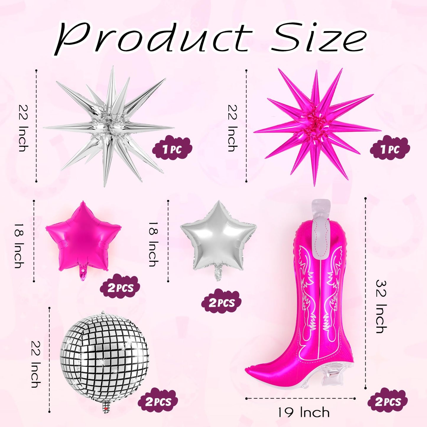 10 Pcs Pink Cowgirl Boot Balloons, Foil Disco Cowgirl Balloons Western
