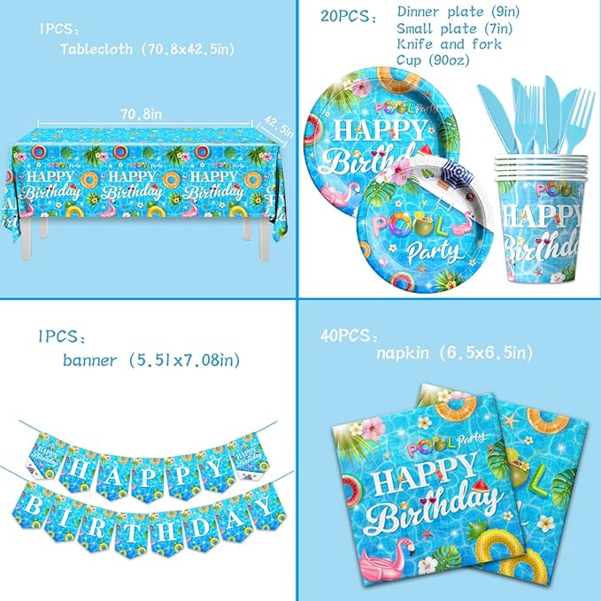 142 Pieces Pool Birthday Party Supplies Summer Pool Tableware Set