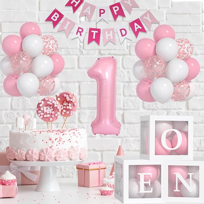 Baby Girl First Birthday Decorations Pastel Pink White Balloons 40