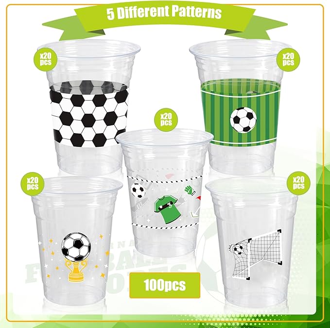 100Pcs Soccer Party Decorations Cups, 12 OZ Disposable Plastic
