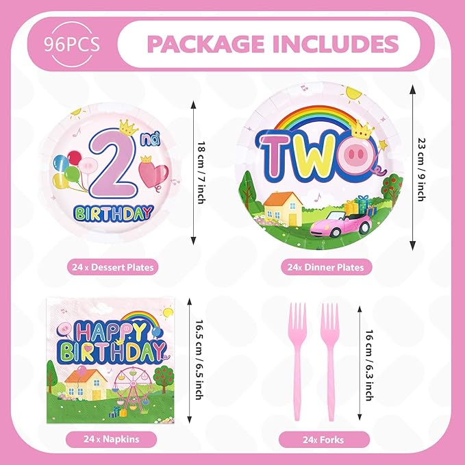 96Pcs Pink Pig 2nd Birthday Party Decorations Pink Piggy Paper Plates