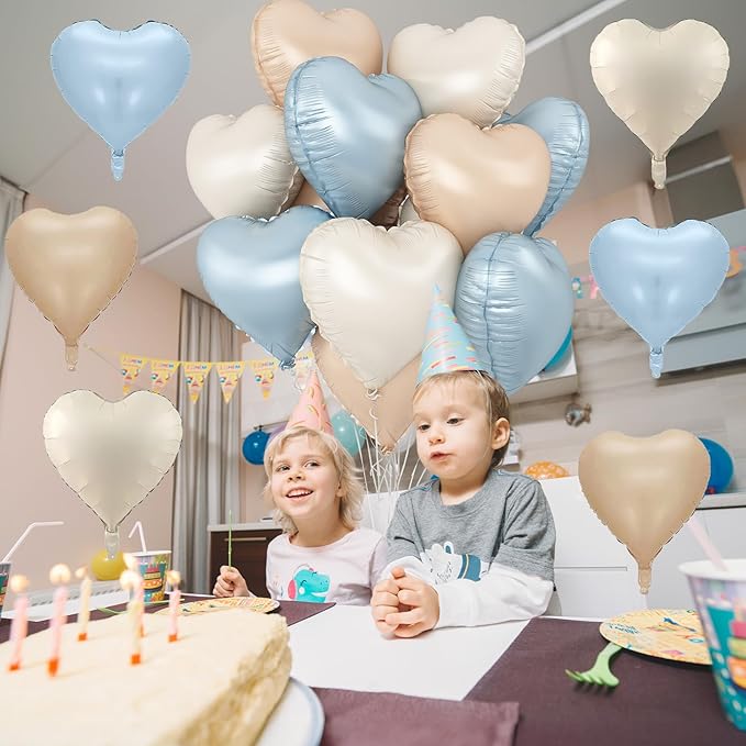 Blue Cream Heart Foil Balloons, 12Pcs Baby Blue Beige Nude Heart