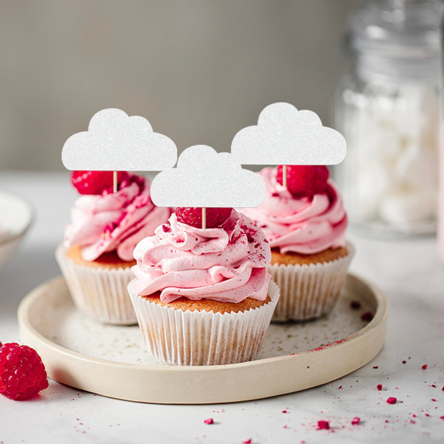 24 Pack White Cloud Cupcake Toppers Glitter Cloud Cupcake Picks Baby