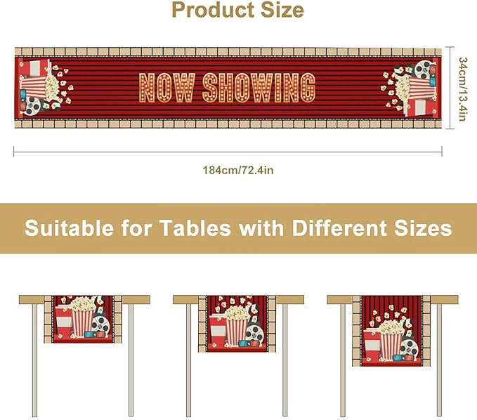 Movie Night Table Runner, Vintage Film Popcorn Tape Now Showing Movie