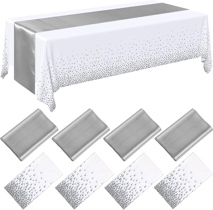 Breling 8 Pack White and Silver Disposable Plastic Tablecloths and